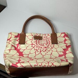Kate Spade White Pink Brown Canvas Floral Double Top Handle Tote Bag